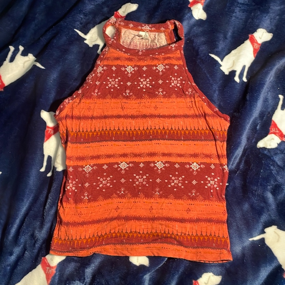 Mudd juniors high neck choker style tank top orange and red pattern